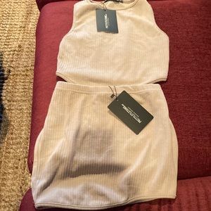 Pretty little thing size 6 tan wide ribbed cotton 2 piece mini skirt:tank set